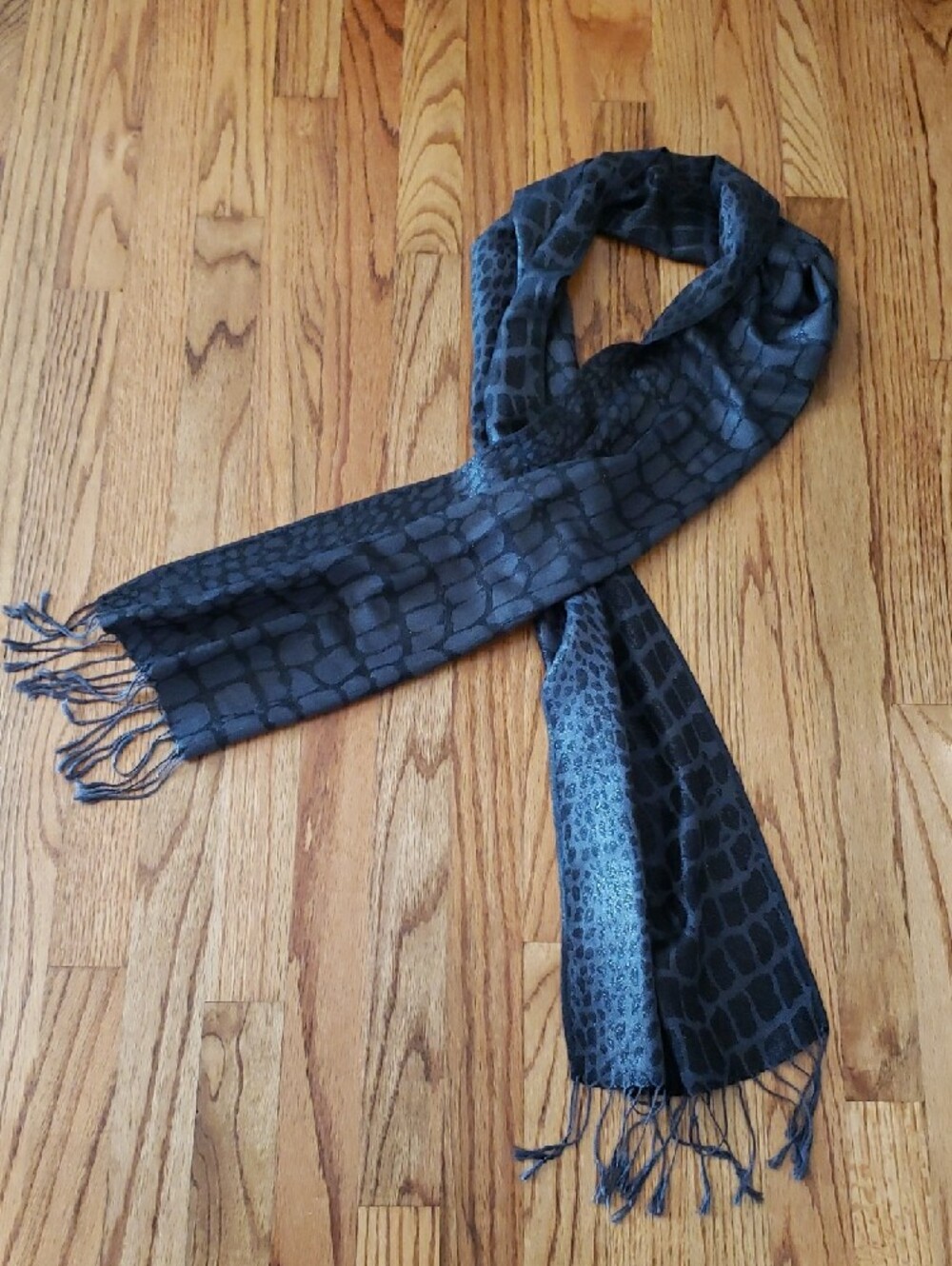 Animal Print Scarf- Black & Charcoal Gray w/ Shimmer & Fringe - OS